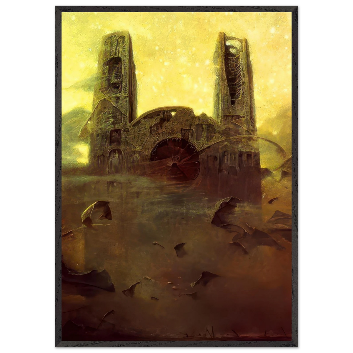 Zdzisław Beksiński Gothic Ruins framed print featuring two monumental decaying towers and a mysterious circular structure beneath a glowing golden-yellow surreal sky.