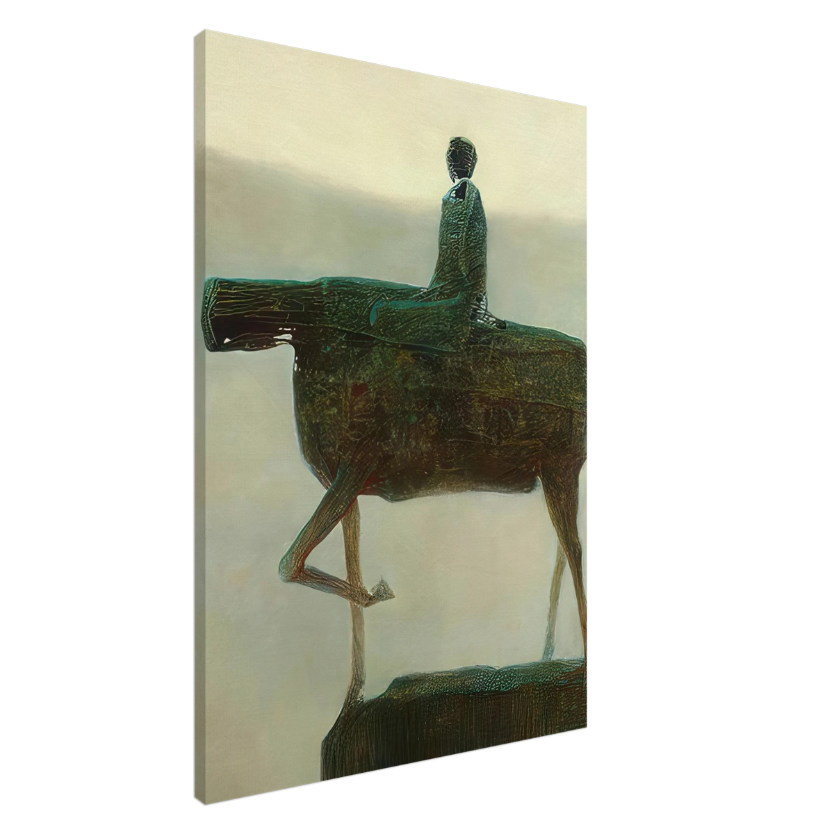 Zdzisław Beksiński dark surrealist painting featuring a faceless rider seated on a bizarre green skeletal animal with long, thin legs and an elongated body.