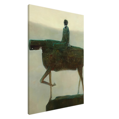 Zdzisław Beksiński dark surrealist painting featuring a faceless rider seated on a bizarre green skeletal animal with long, thin legs and an elongated body.