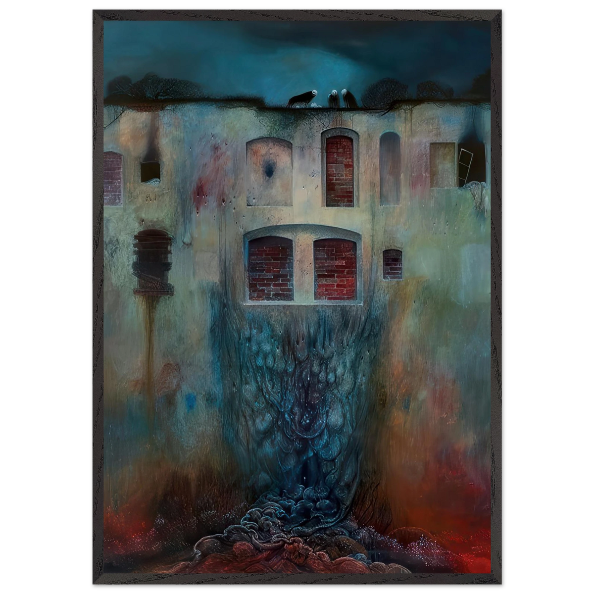 Zdzisław Beksiński Forgotten Architecture framed print featuring a decaying facade with red brick windows, dark rooftop silhouettes, and tangled blue organic structures.