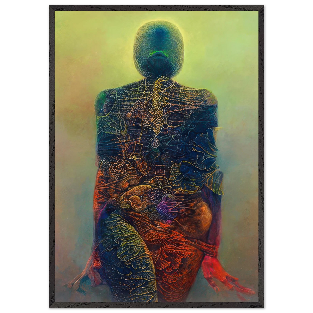 Zdzisław Beksiński surreal artwork depicting a faceless humanoid figure with intricate skeletal and organic textures in vivid blue, green, red, and orange tones.