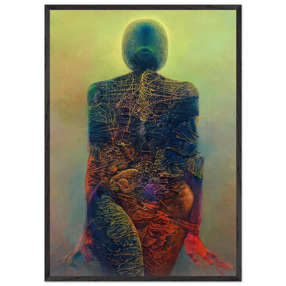 Zdzisław Beksiński surreal artwork depicting a faceless humanoid figure with intricate skeletal and organic textures in vivid blue, green, red, and orange tones.