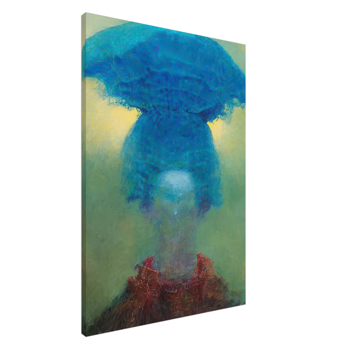 Zdzisław Beksiński Surreal Volcano canvas print depicting a giant turquoise-blue volcano with an enormous mushroom-shaped cloud rising above a misty green landscape.