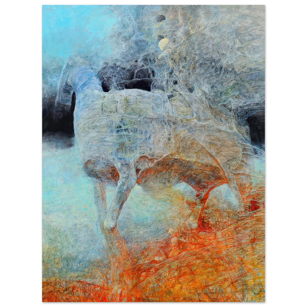 Zdzisław Beksiński poster showing a ghostly horse-like figure emerging from intricate organic patterns, blending icy blue, soft beige, and vivid orange in a haunting surrealist composition.