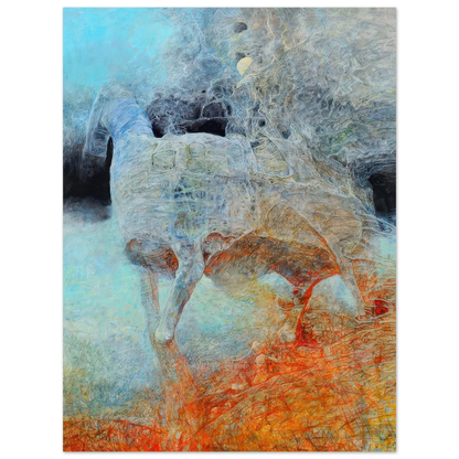 Zdzisław Beksiński poster showing a ghostly horse-like figure emerging from intricate organic patterns, blending icy blue, soft beige, and vivid orange in a haunting surrealist composition.