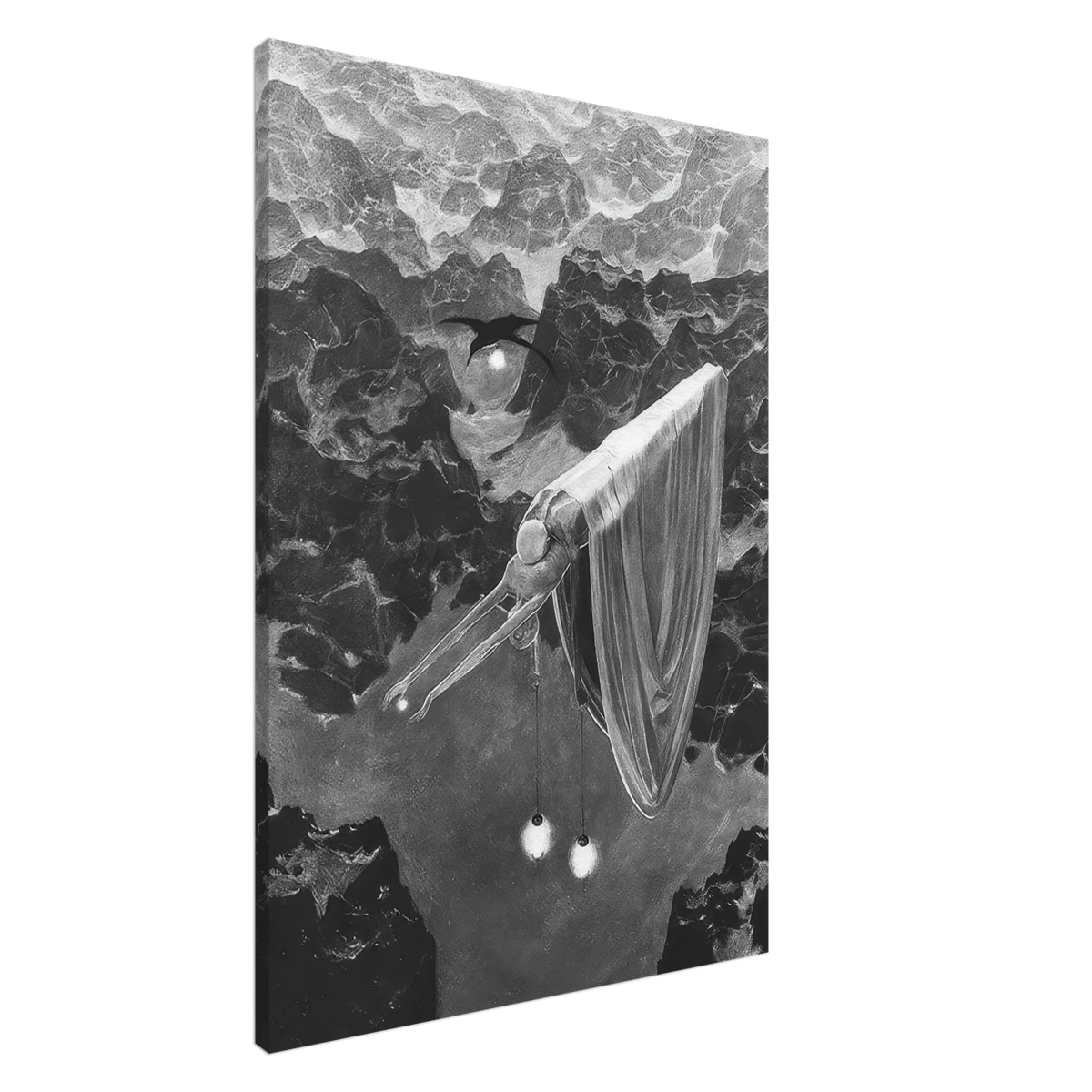 Zdzisław Beksiński Veiled Bird canvas print depicting a long-beaked surreal figure covered in flowing fabric, with suspended glowing spheres and a dark rocky landscape.