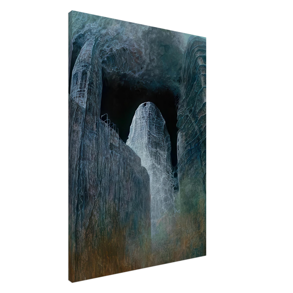 Zdzisław Beksiński Untitled Cathedral poster featuring towering surreal blue-green architecture surrounding a pale mysterious structure, printed on premium matte paper.