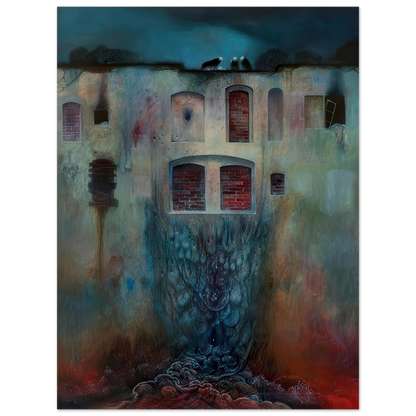 Zdzisław Beksiński Abandoned Facade poster featuring a decaying building with bricked-up windows, dark rooftop silhouettes, and blue organic roots beneath a stormy sky.