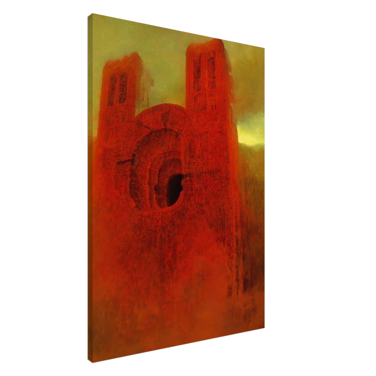 Zdzisław Beksiński Crimson Cathedral canvas print featuring two towering red architectural structures with a dark circular opening beneath a glowing yellow-orange sky.