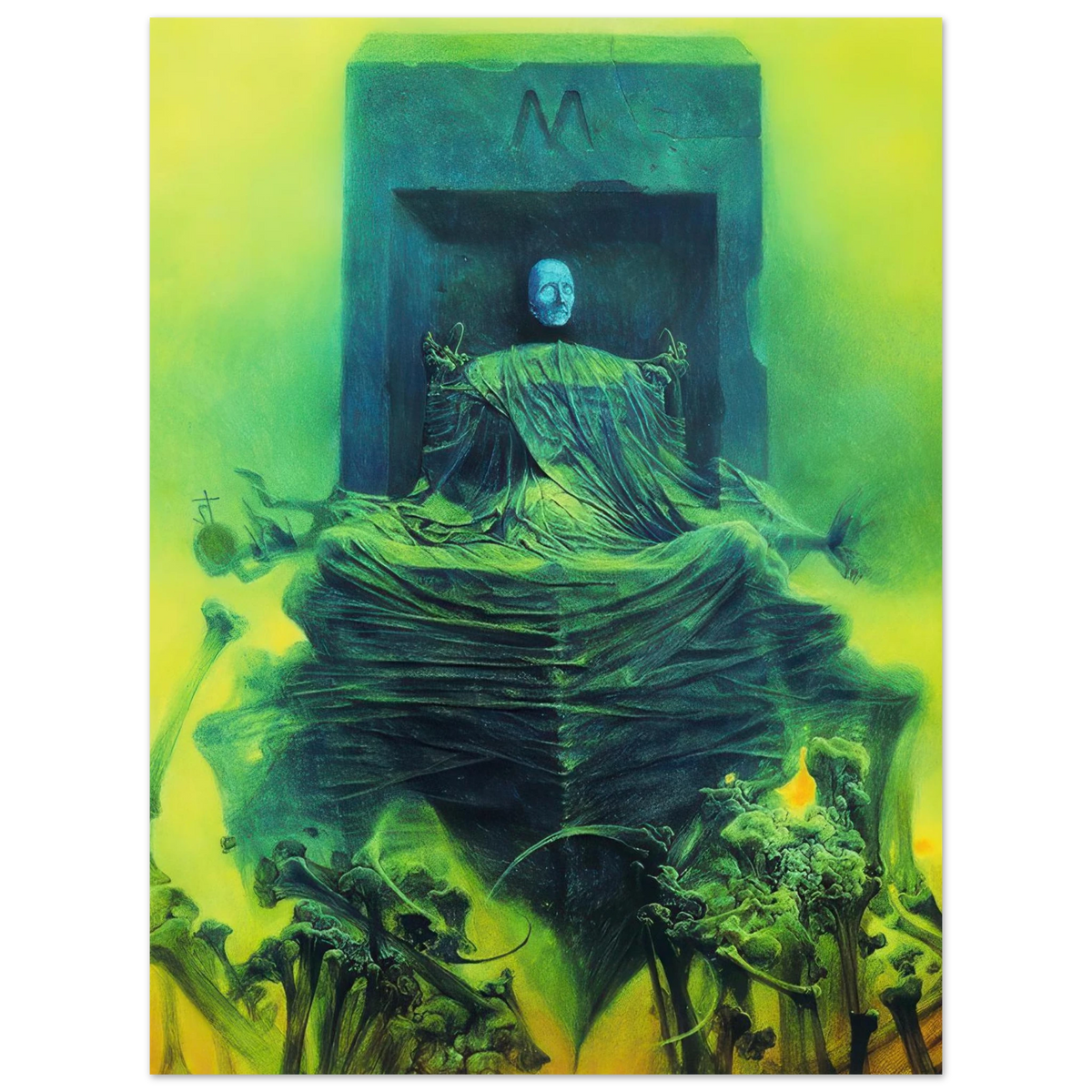 Zdzisław Beksiński Untitled Seated Figure canvas print featuring a ghostly pale figure draped in green fabric within a dark surreal structure surrounded by vivid yellow-green light.