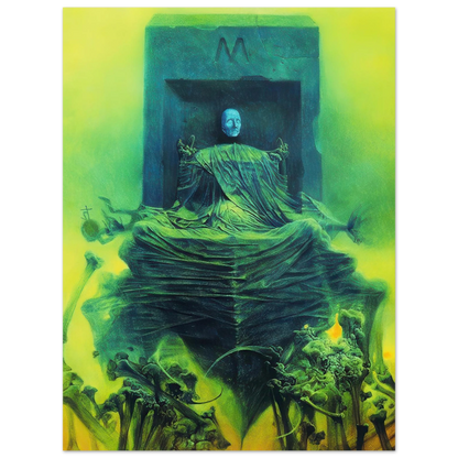 Zdzisław Beksiński Untitled Seated Figure canvas print featuring a ghostly pale figure draped in green fabric within a dark surreal structure surrounded by vivid yellow-green light.