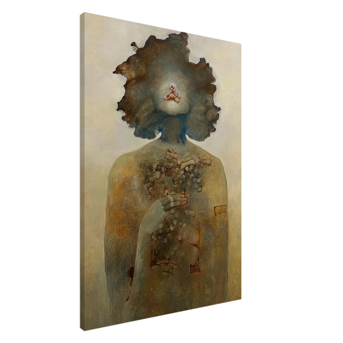 Zdzisław Beksiński canvas print featuring a surreal human-like figure with a large irregular head, weathered stone-like skin, and intricate mechanical fragments embedded in its chest.
