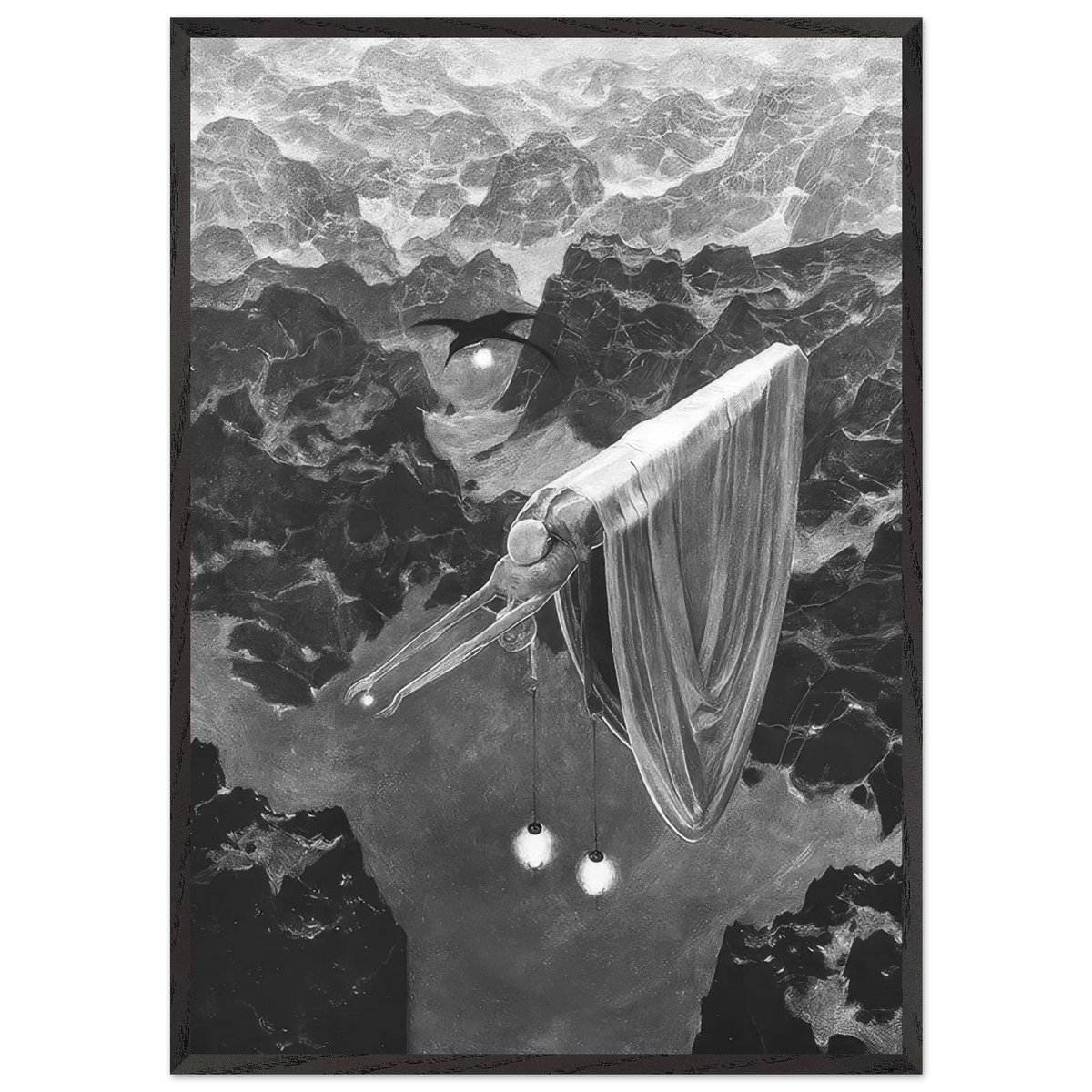 Zdzisław Beksiński Veiled Bird framed print featuring a mysterious long-beaked bird-like figure draped in flowing fabric above a dramatic black-and-white surreal landscape.