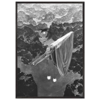 Zdzisław Beksiński Veiled Bird framed print featuring a mysterious long-beaked bird-like figure draped in flowing fabric above a dramatic black-and-white surreal landscape.