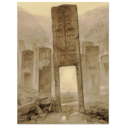 Zdzisław Beksiński Ancient Gateway poster depicting a monumental carved stone doorway surrounded by weathered pillars, ancient ruins, and a misty beige surreal landscape.