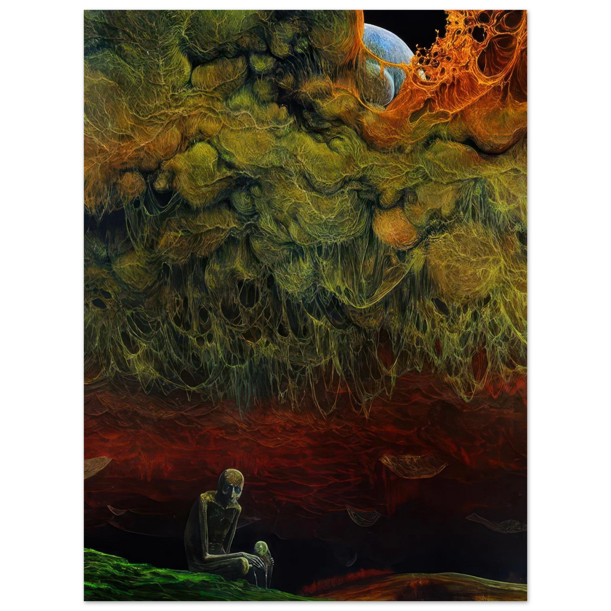 Zdzisław Beksiński surreal artwork featuring a mysterious skeletal figure beneath a massive green organic formation with tangled roots and fiery orange textures.