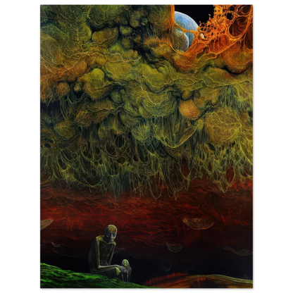 Zdzisław Beksiński surreal artwork featuring a mysterious skeletal figure beneath a massive green organic formation with tangled roots and fiery orange textures.