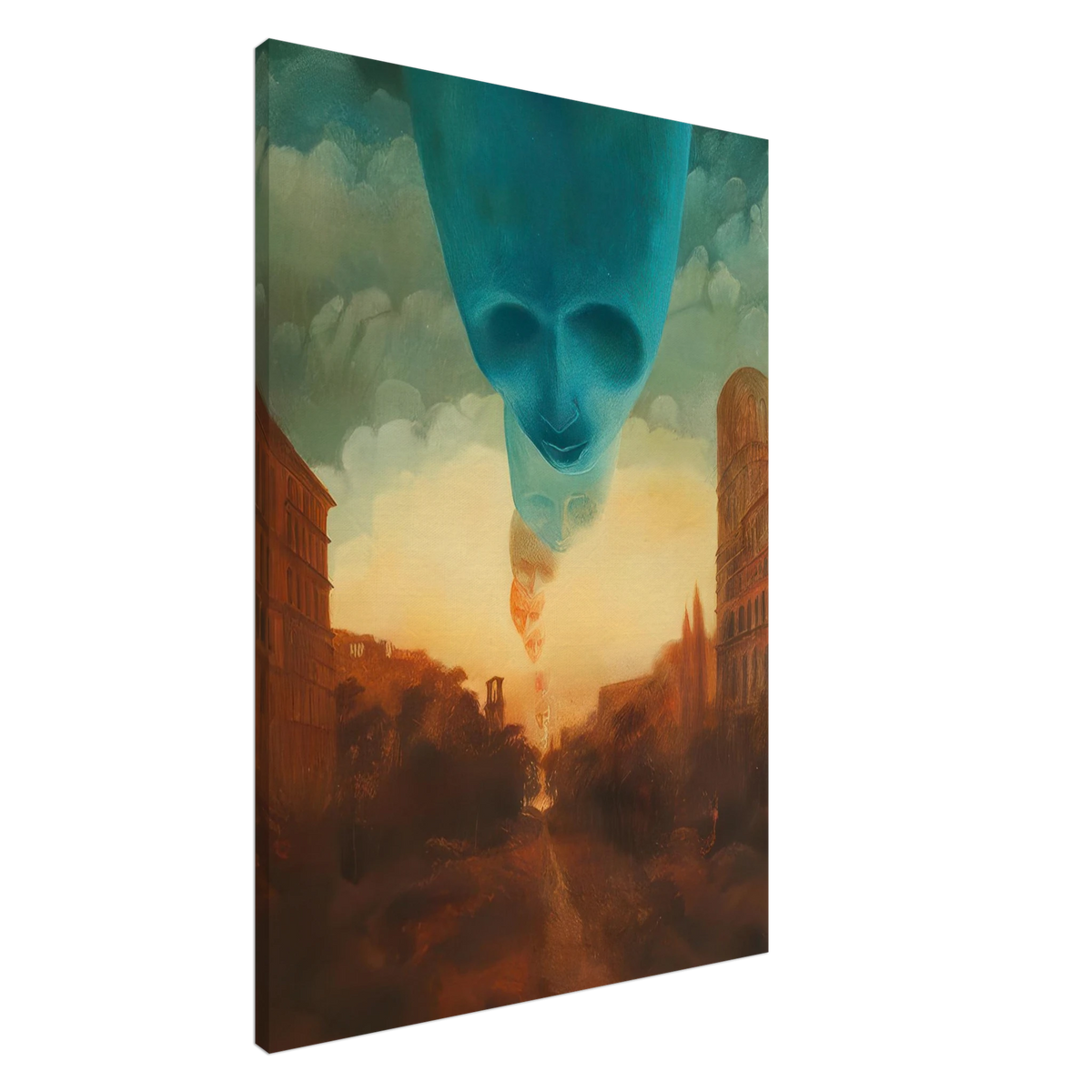 Zdzisław Beksiński Floating Faces canvas print depicting a giant turquoise face suspended above a surreal city with smaller descending faces and warm golden light.