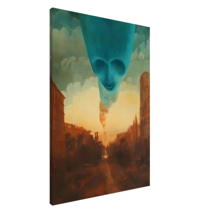Zdzisław Beksiński Floating Faces canvas print depicting a giant turquoise face suspended above a surreal city with smaller descending faces and warm golden light.