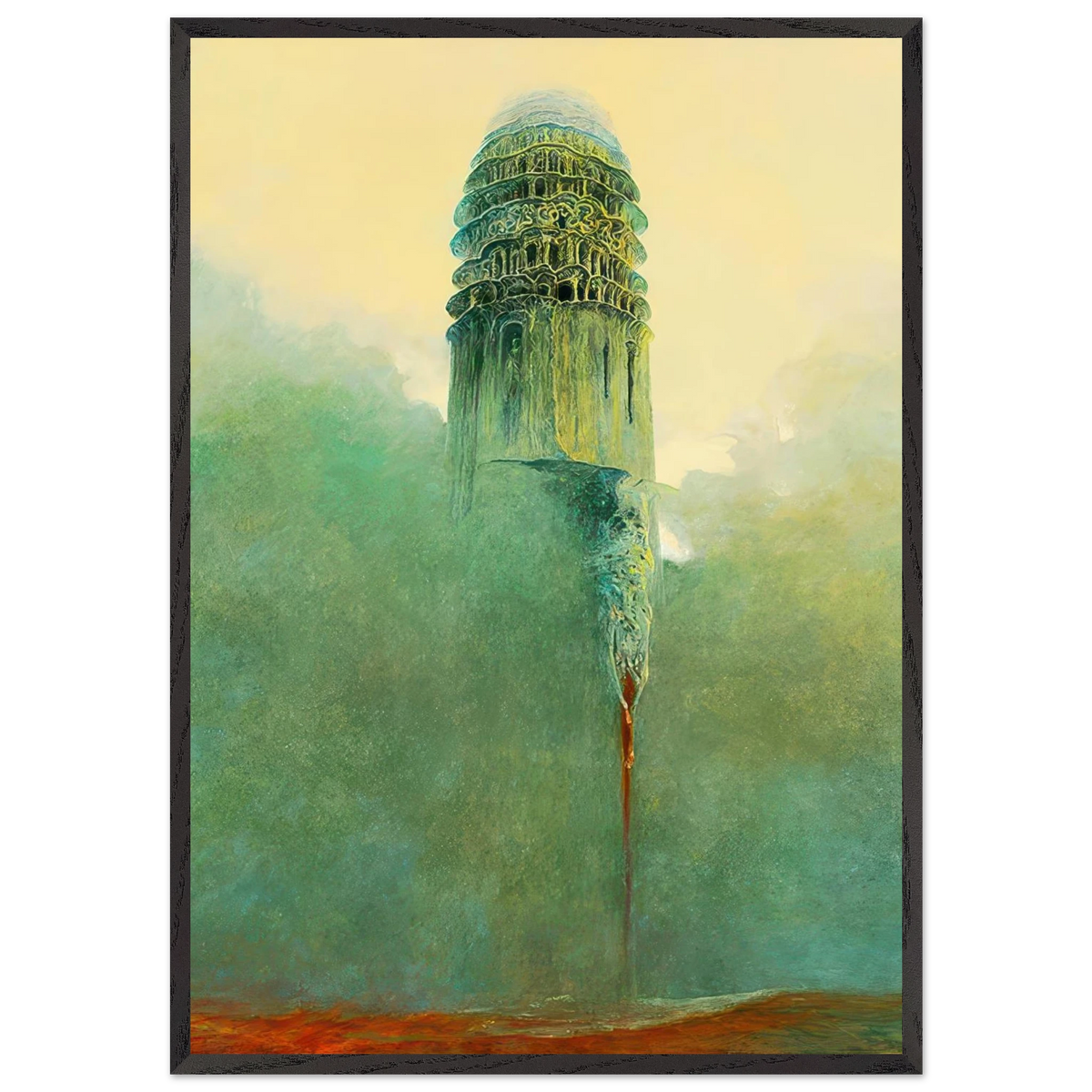 Zdzisław Beksiński surrealist wall art showing an enigmatic cylindrical tower with elaborate Gothic carvings, surrounded by soft green mist and warm golden light.