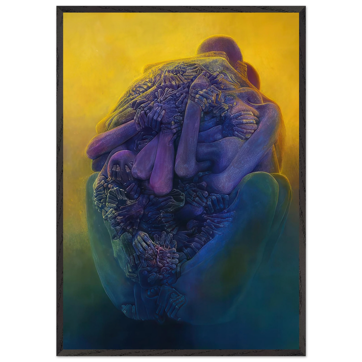 Zdzisław Beksiński Entangled Figures framed print showing intertwined human-like bodies and numerous hands in purple and blue against a radiant golden-yellow background.