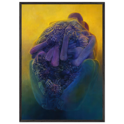 Zdzisław Beksiński Entangled Figures framed print showing intertwined human-like bodies and numerous hands in purple and blue against a radiant golden-yellow background.