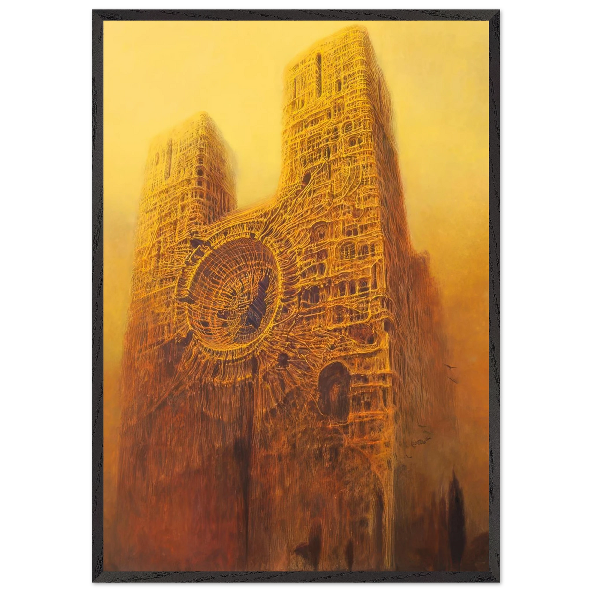 Zdzisław Beksiński surrealist wall art showing a mysterious cathedral-like fortress with two towering spires, a giant circular structure, and intricate golden textures.