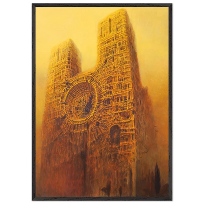 Zdzisław Beksiński surrealist wall art showing a mysterious cathedral-like fortress with two towering spires, a giant circular structure, and intricate golden textures.