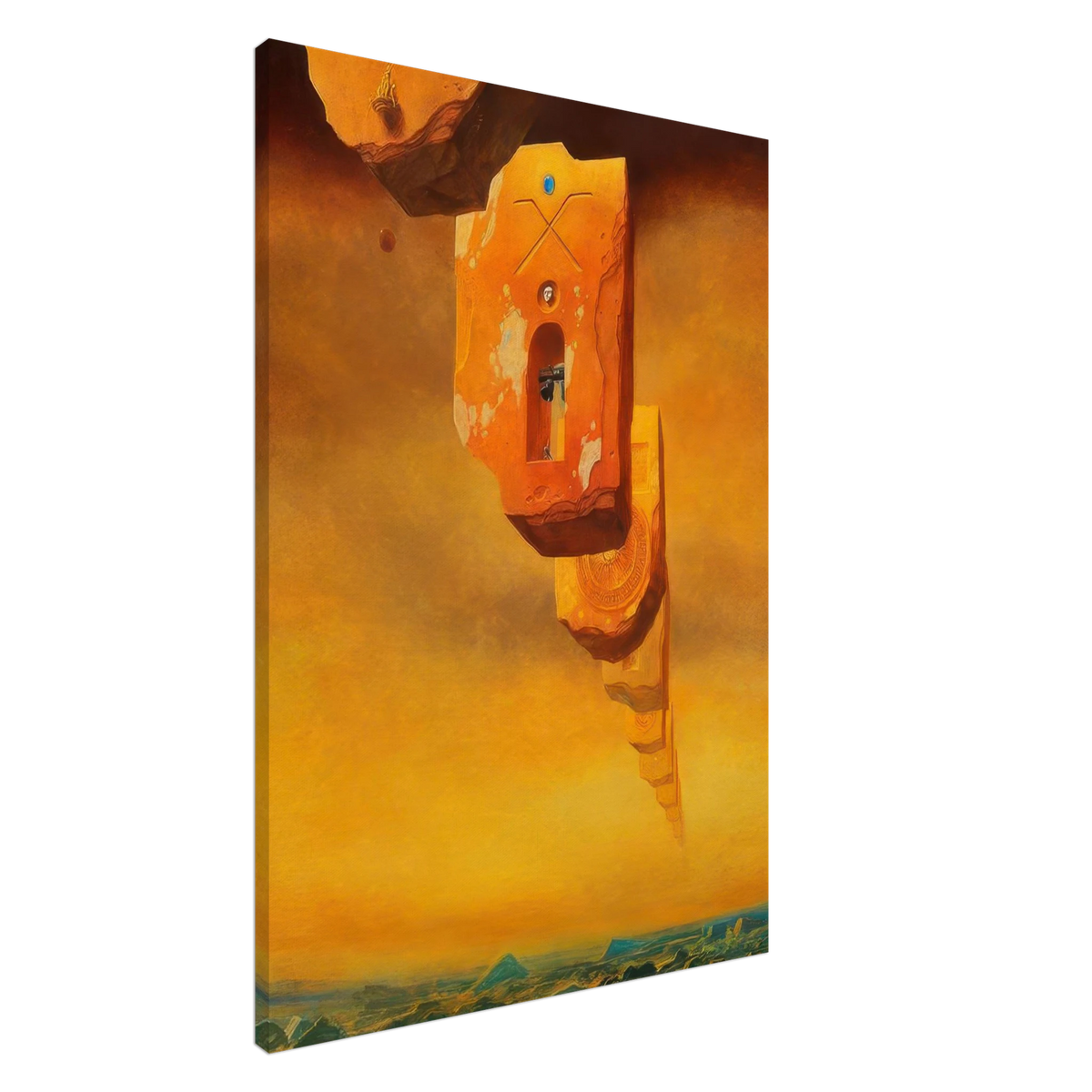 Zdzisław Beksiński Untitled floating tower poster featuring a monumental orange surreal structure suspended above a distant landscape beneath a glowing golden sky.