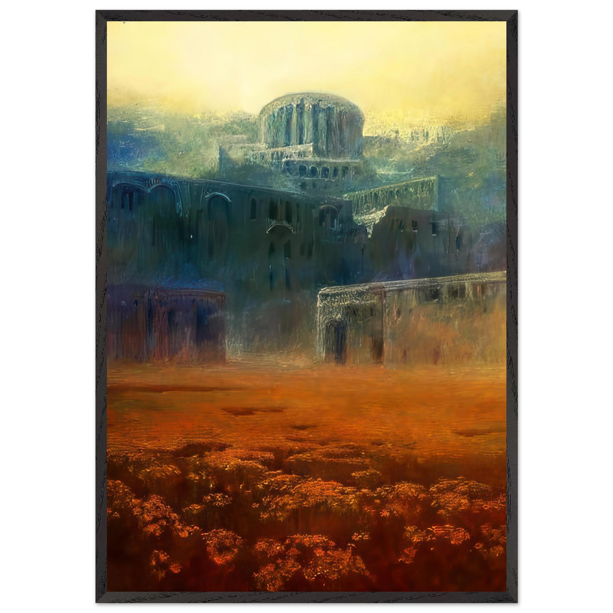 Zdzisław Beksiński Forgotten City framed print featuring monumental blue-green ruins and a rounded structure above a glowing orange landscape beneath a luminous yellow sky.