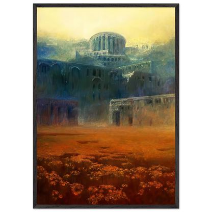 Zdzisław Beksiński Forgotten City framed print featuring monumental blue-green ruins and a rounded structure above a glowing orange landscape beneath a luminous yellow sky.