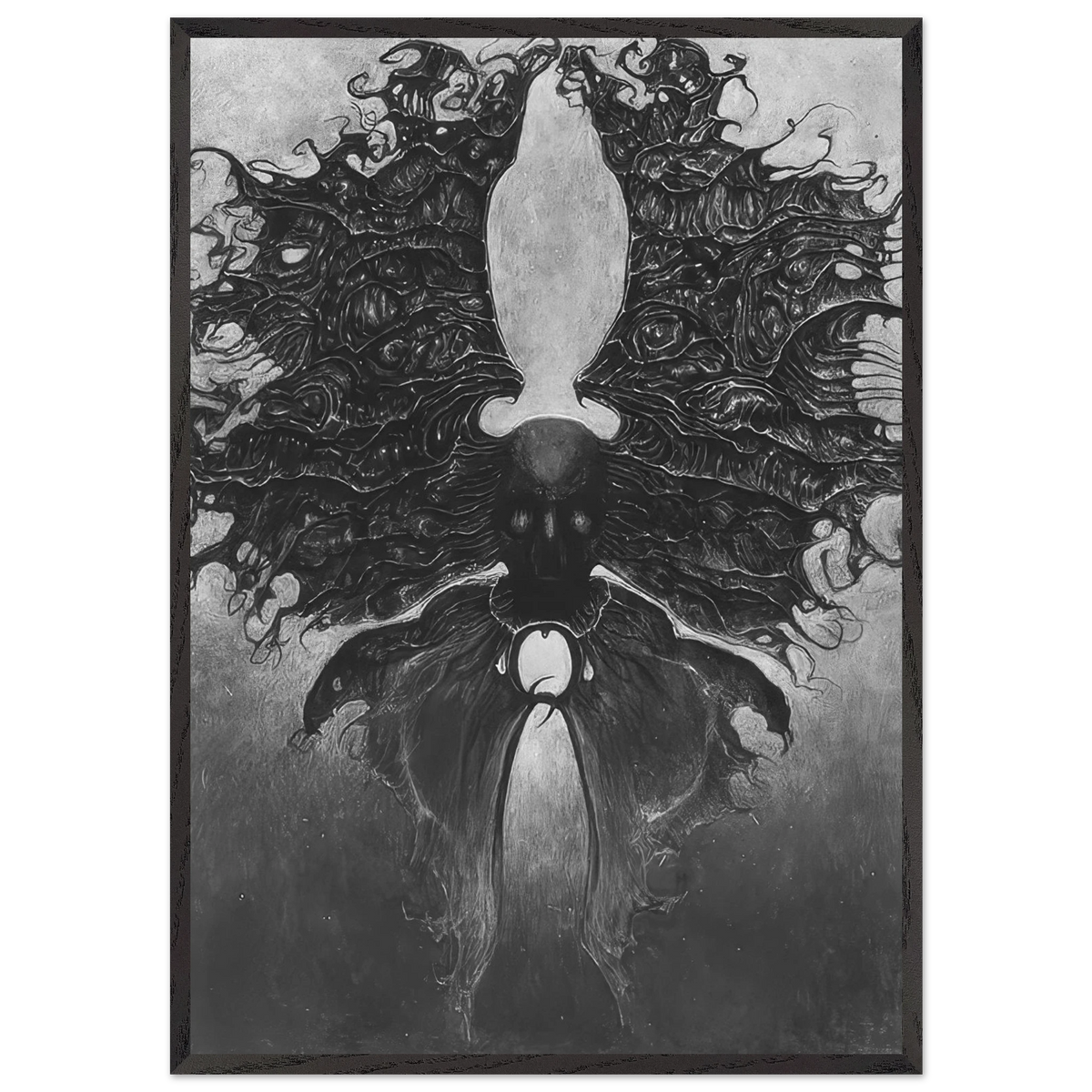 Zdzisław Beksiński Gothic Creature framed print featuring a dark symmetrical humanoid figure surrounded by intricate organic wing-like forms in black, gray, and white.