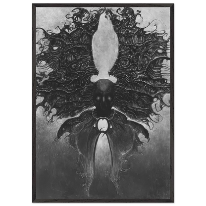 Zdzisław Beksiński Gothic Creature framed print featuring a dark symmetrical humanoid figure surrounded by intricate organic wing-like forms in black, gray, and white.