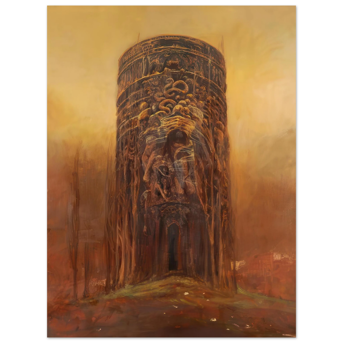 Zdzisław Beksiński Forgotten Tower poster featuring a monumental cylindrical structure covered in distorted organic faces, with a dark arched doorway beneath a golden sky.