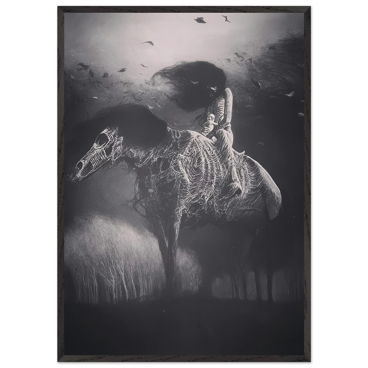 Zdzisław Beksiński artwork depicting a mysterious rider on a skeletal horse with intricate bone-like textures, surrounded by flying birds in a dark black-and-white surreal landscape.