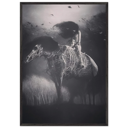 Zdzisław Beksiński artwork depicting a mysterious rider on a skeletal horse with intricate bone-like textures, surrounded by flying birds in a dark black-and-white surreal landscape.