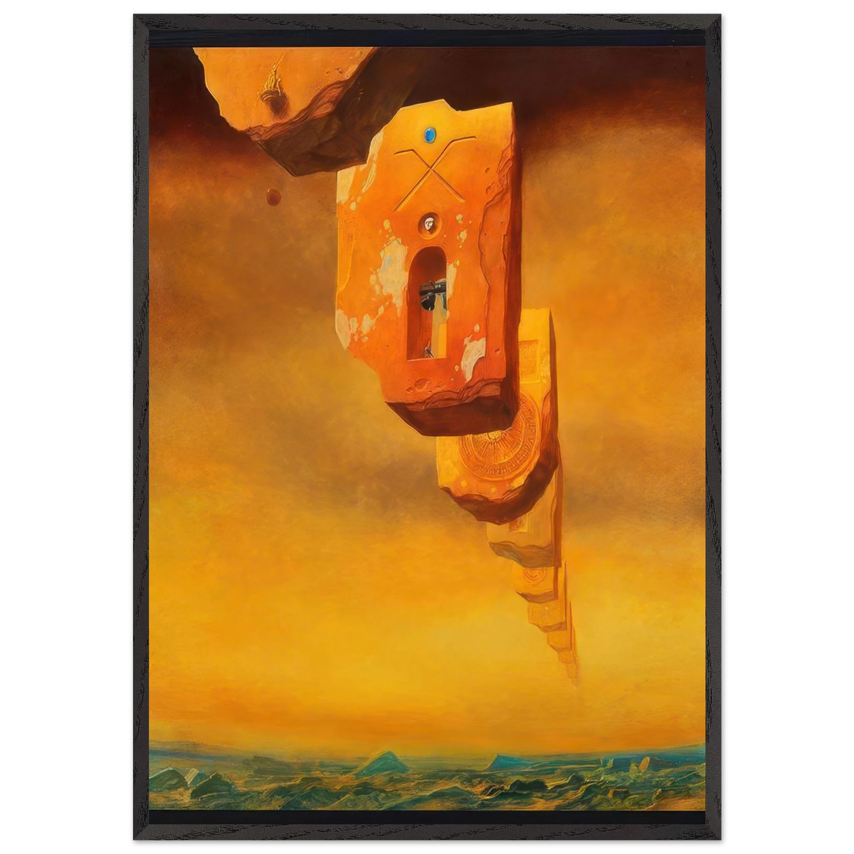 Zdzisław Beksiński Untitled floating tower poster featuring a monumental orange surreal structure suspended above a distant landscape beneath a glowing golden sky.