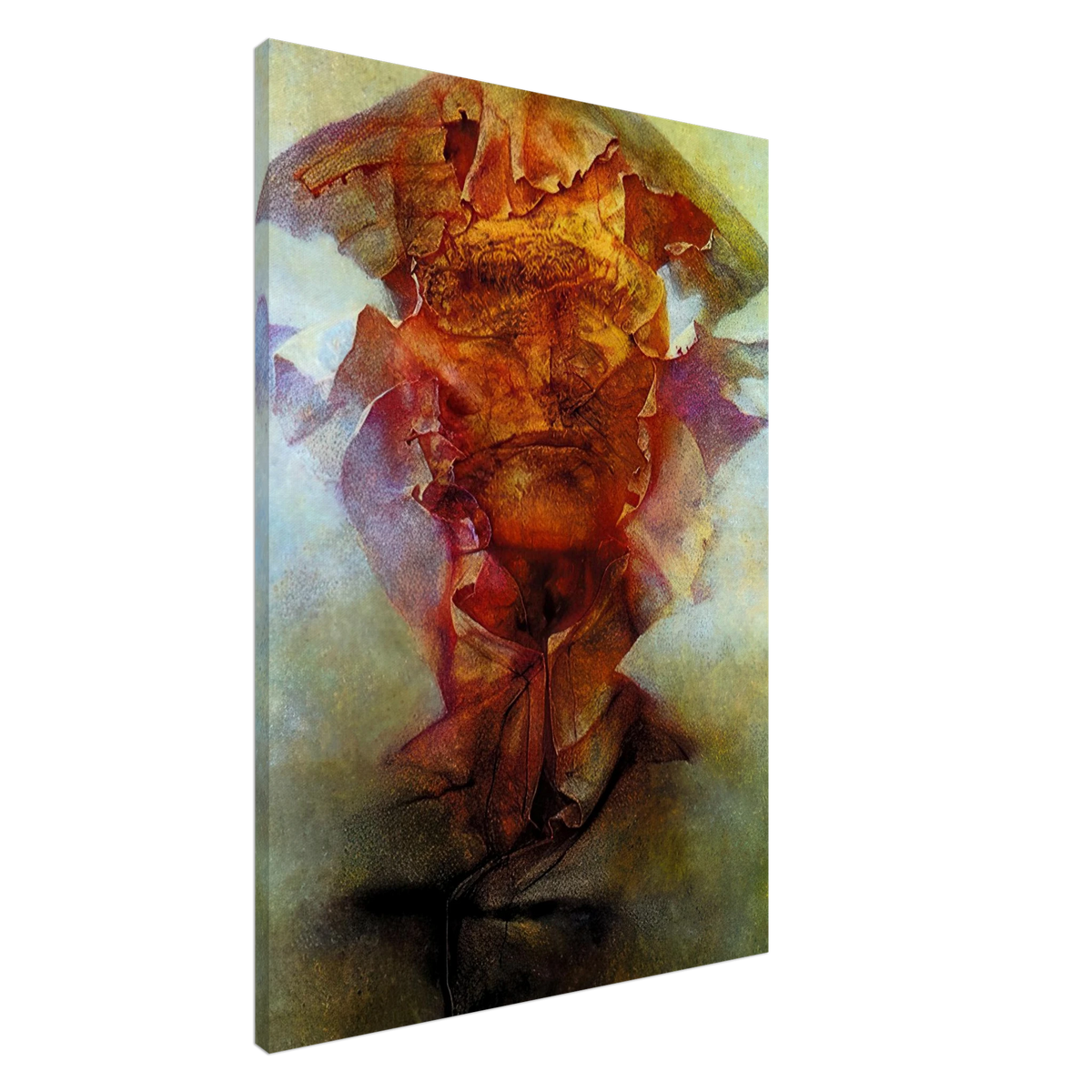 Zdzisław Beksiński Untitled abstract figure poster featuring a fragmented surreal form in fiery orange, red and violet tones against a smoky atmospheric background.