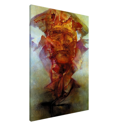 Zdzisław Beksiński Untitled abstract figure poster featuring a fragmented surreal form in fiery orange, red and violet tones against a smoky atmospheric background.