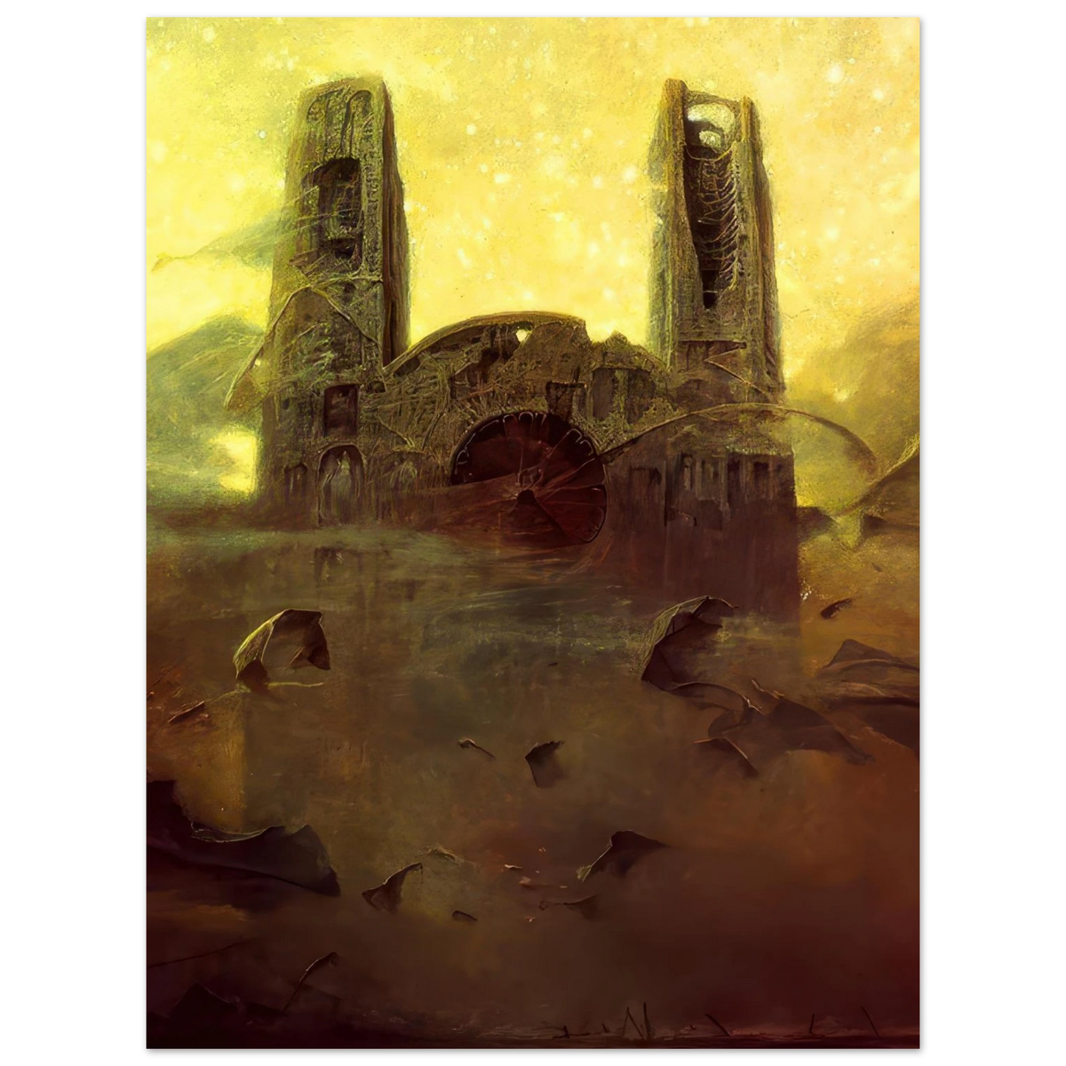 Zdzisław Beksiński Ruined Cathedral poster featuring two monumental decaying towers and a mysterious circular structure beneath a glowing golden-yellow surreal sky.