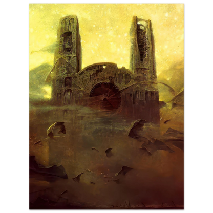 Zdzisław Beksiński Ruined Cathedral poster featuring two monumental decaying towers and a mysterious circular structure beneath a glowing golden-yellow surreal sky.