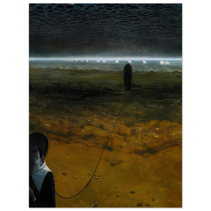 Zdzisław Beksiński Silent Horizon poster depicting a solitary dark figure beneath a vast black sky, connected by a thin line to another figure across a golden surreal landscape.
