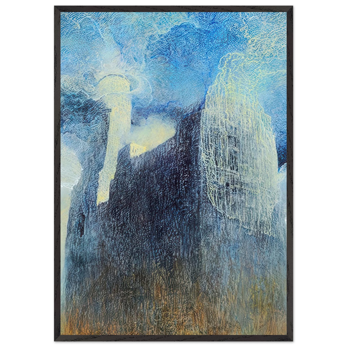 Zdzisław Beksiński Spectral Tower framed print featuring a monumental dark structure and pale ghostly figure surrounded by luminous web-like forms in a blue surreal atmosphere.
