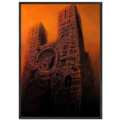 Zdzisław Beksiński Burning Cathedral framed print depicting two monumental gothic towers covered in intricate red lines with a circular structure against a fiery orange sky.