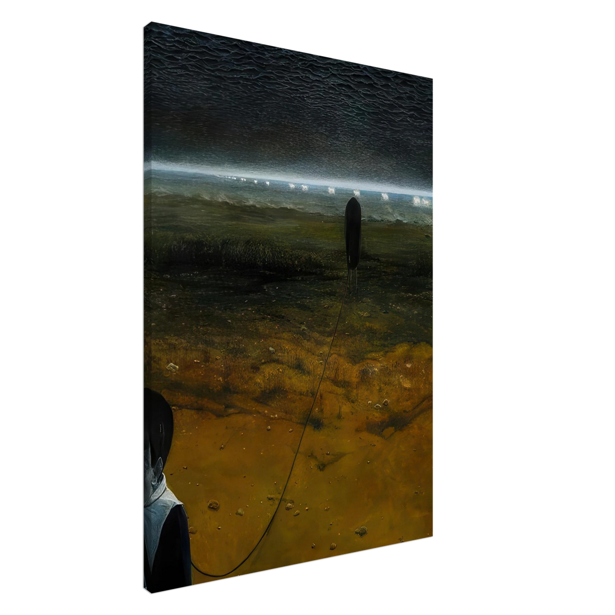 Zdzisław Beksiński Desolate Landscape canvas print showing an elongated dark figure in a barren green and golden landscape beneath a massive textured black sky.