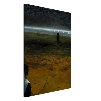 Zdzisław Beksiński Desolate Landscape canvas print showing an elongated dark figure in a barren green and golden landscape beneath a massive textured black sky.