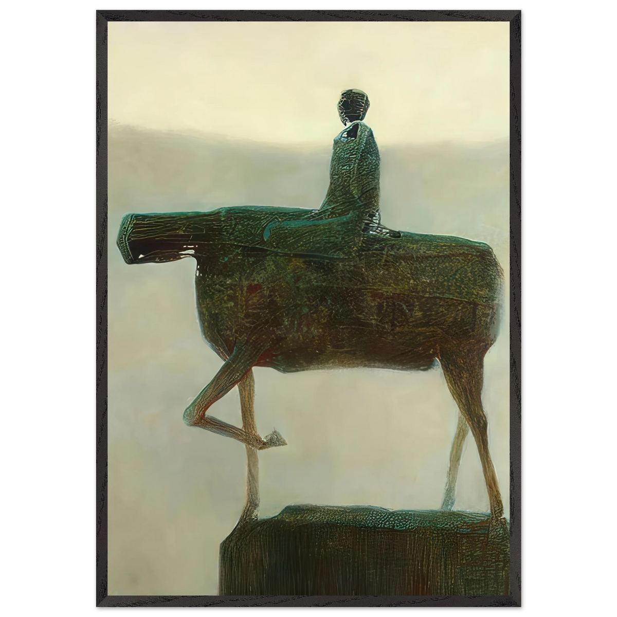 Zdzisław Beksiński fantasy wall art showing an eerie human-like figure mounted on an abstract horse-like creature with intricate textures and muted earthy colors.