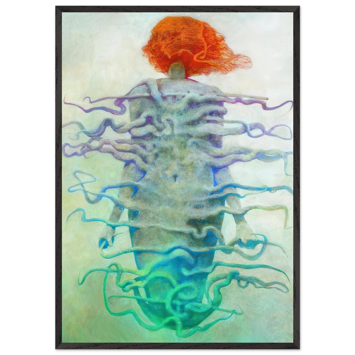 Zdzisław Beksiński Red-Haired Figure framed print depicting a surreal humanoid with fiery orange hair and intricate flowing blue, violet, and turquoise organic ribbons.