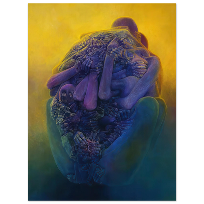 Zdzisław Beksiński Entangled Figures poster depicting intertwined purple and blue human-like bodies with numerous clasped hands against a glowing golden-yellow background.