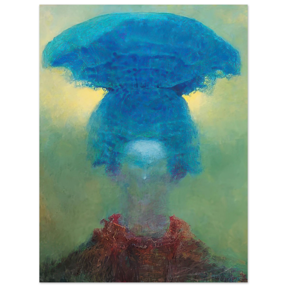 Zdzisław Beksiński Blue Volcano poster featuring an enormous turquoise-blue volcano with a mushroom-shaped volcanic cloud above a misty green landscape.